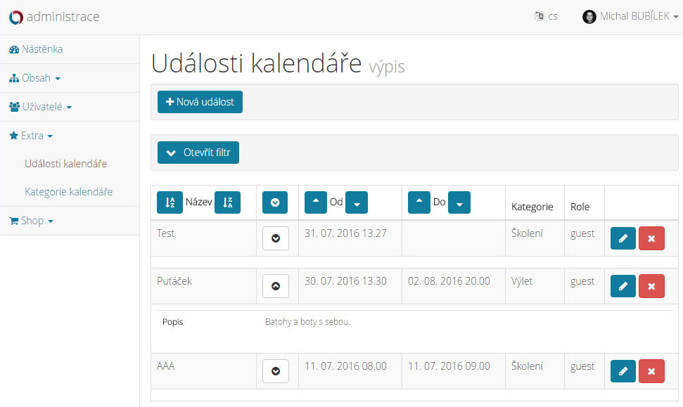 Správa událostí v kalendáři